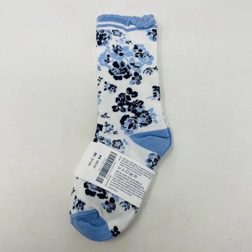 Janie and Jack Toddler Girls Size 2T-3T Floral Scalloped Crew Socks Blue/White